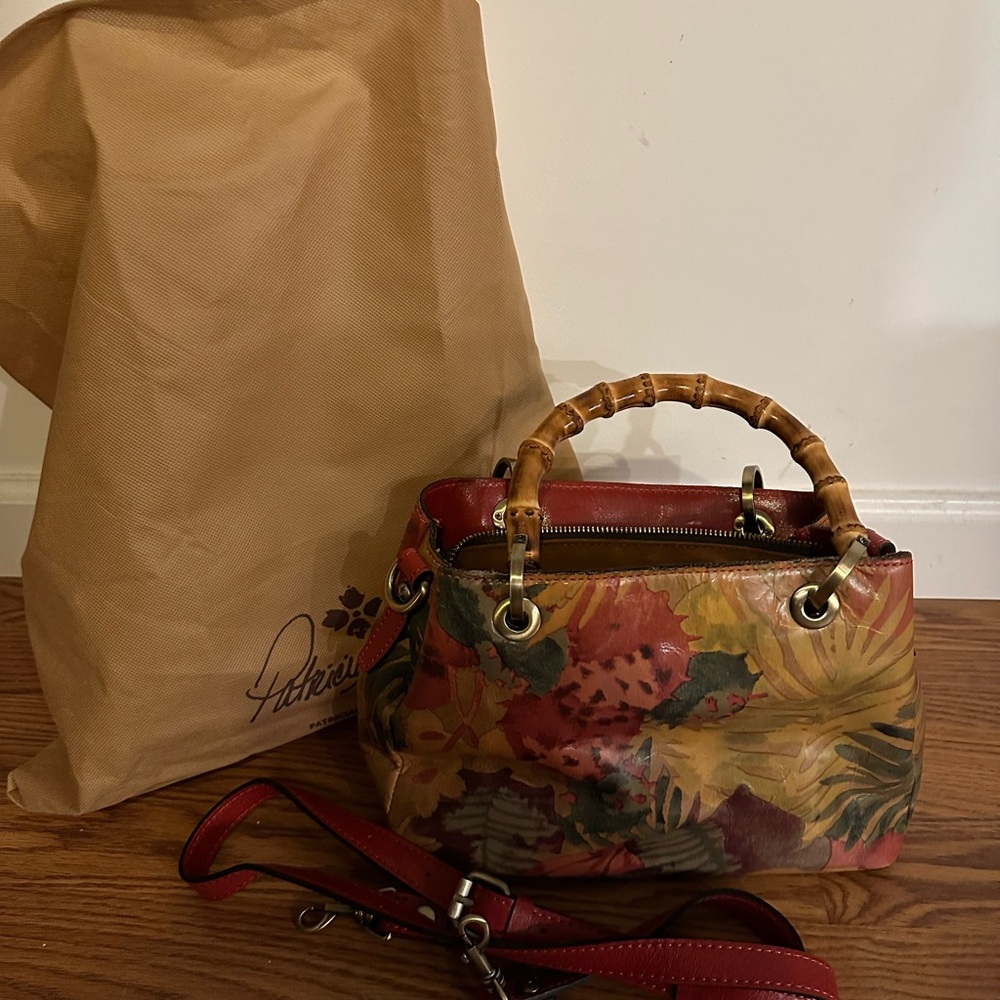 Patricia Nash Red and Brown Satchel with Vintage Floral Design